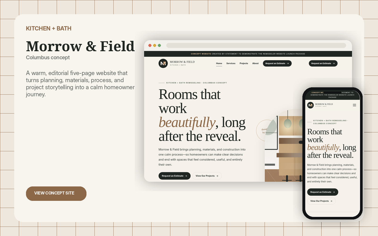Desktop and mobile previews of the Morrow and Field kitchen and bath concept website