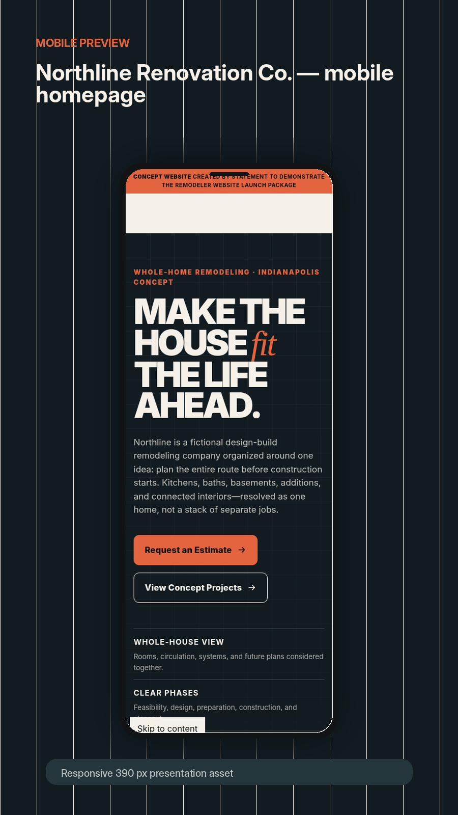 Mobile preview of the Northline whole-home remodeling concept website