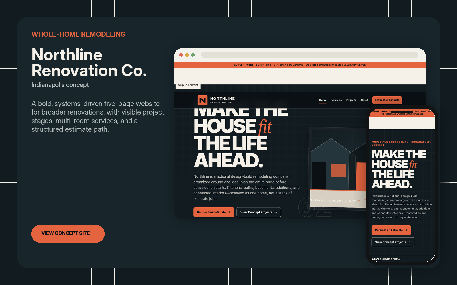 Desktop and mobile previews of the Northline whole-home remodeling concept website