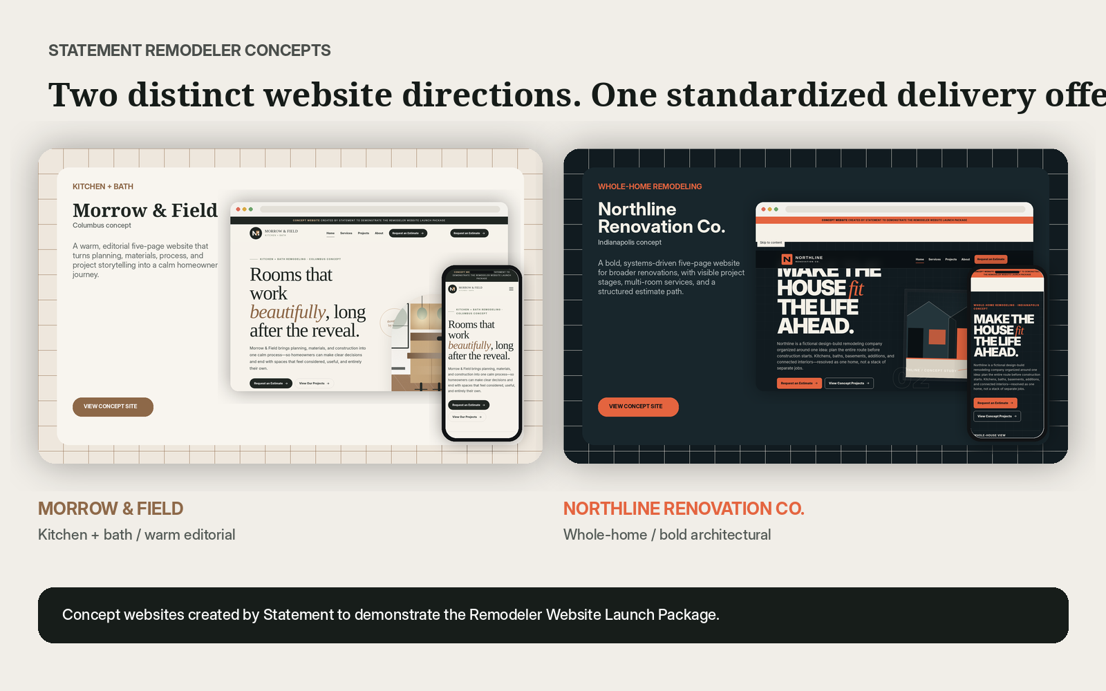 Desktop and mobile previews of two Statement remodeling concept websites